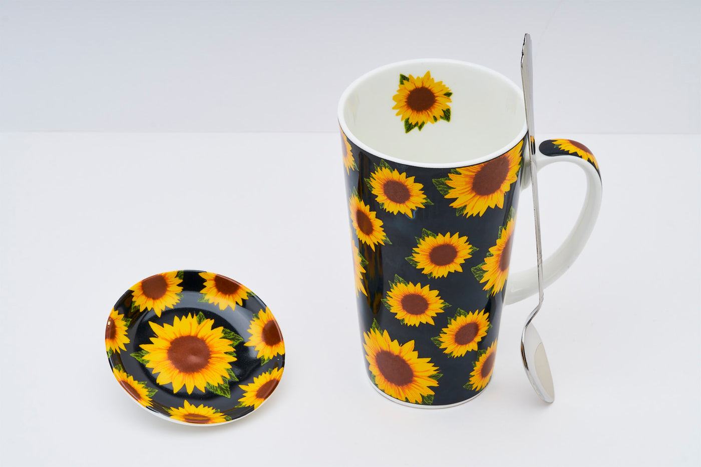 Sunflower black – Set  of 1 tall mug, 1 spoon  & 1 coaster