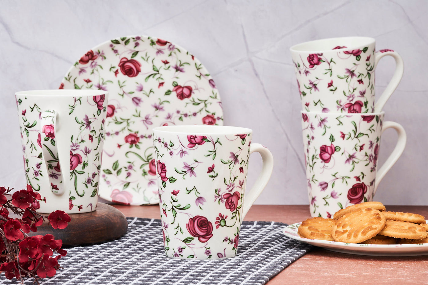 Button Rose Vine Sip & Serve Set - 4 mugs & 2 plates