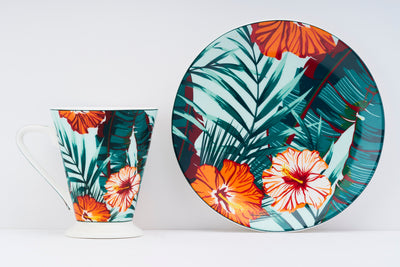 Tropical fern and orange bloom sip & serve set - 4 mugs & 2 plates