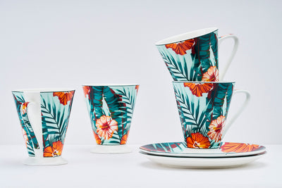 Tropical fern and orange bloom sip & serve set - 4 mugs & 2 plates