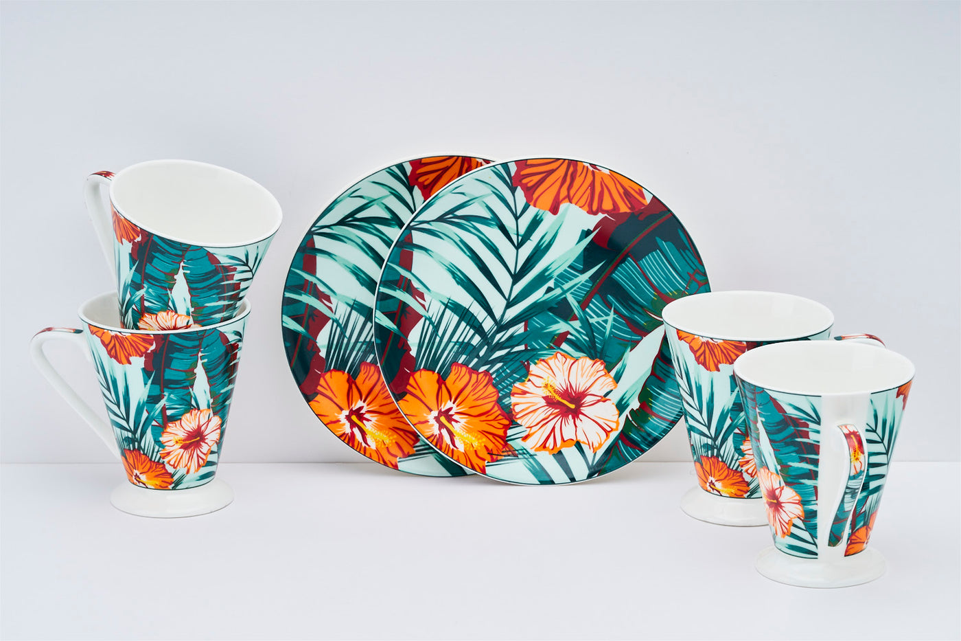 Tropical fern and orange bloom sip & serve set - 4 mugs & 2 plates