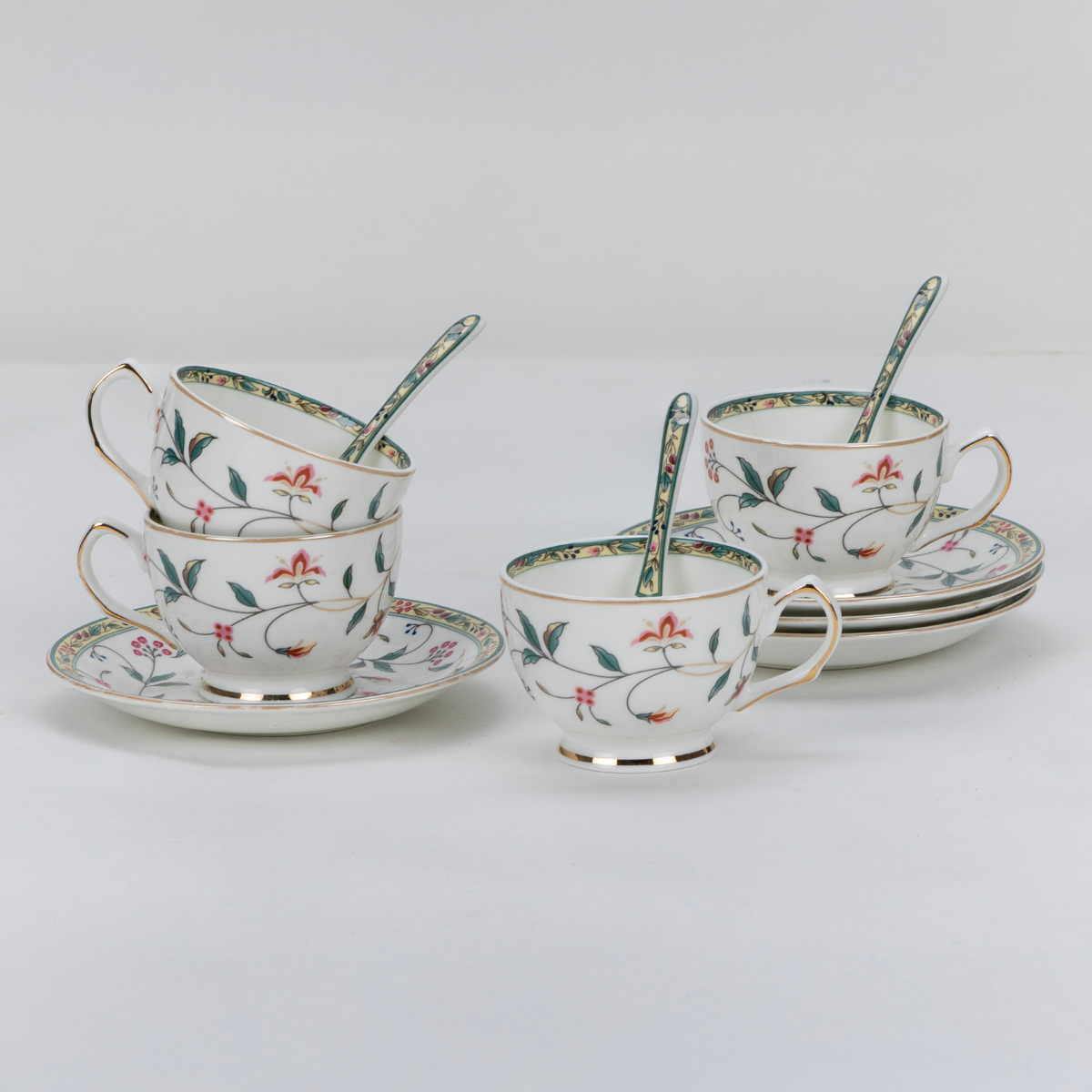 Leafy Blush & Pink Charm Cup & Saucer Set | 6 Cups, 6 Saucers & 6 Spoons