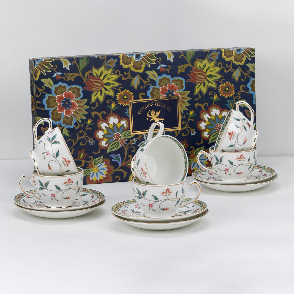 Leafy Blush & Pink Charm Cup & Saucer Set | 6 Cups, 6 Saucers & 6 Spoons