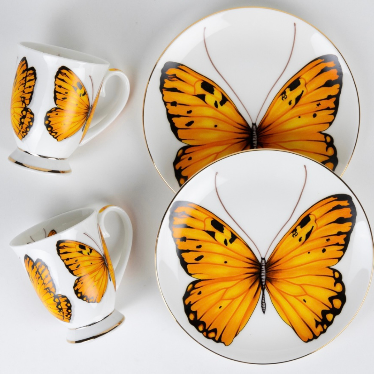 Golden Flutter Mug & Snack Plate Set - 2 mugs & 2 plates
