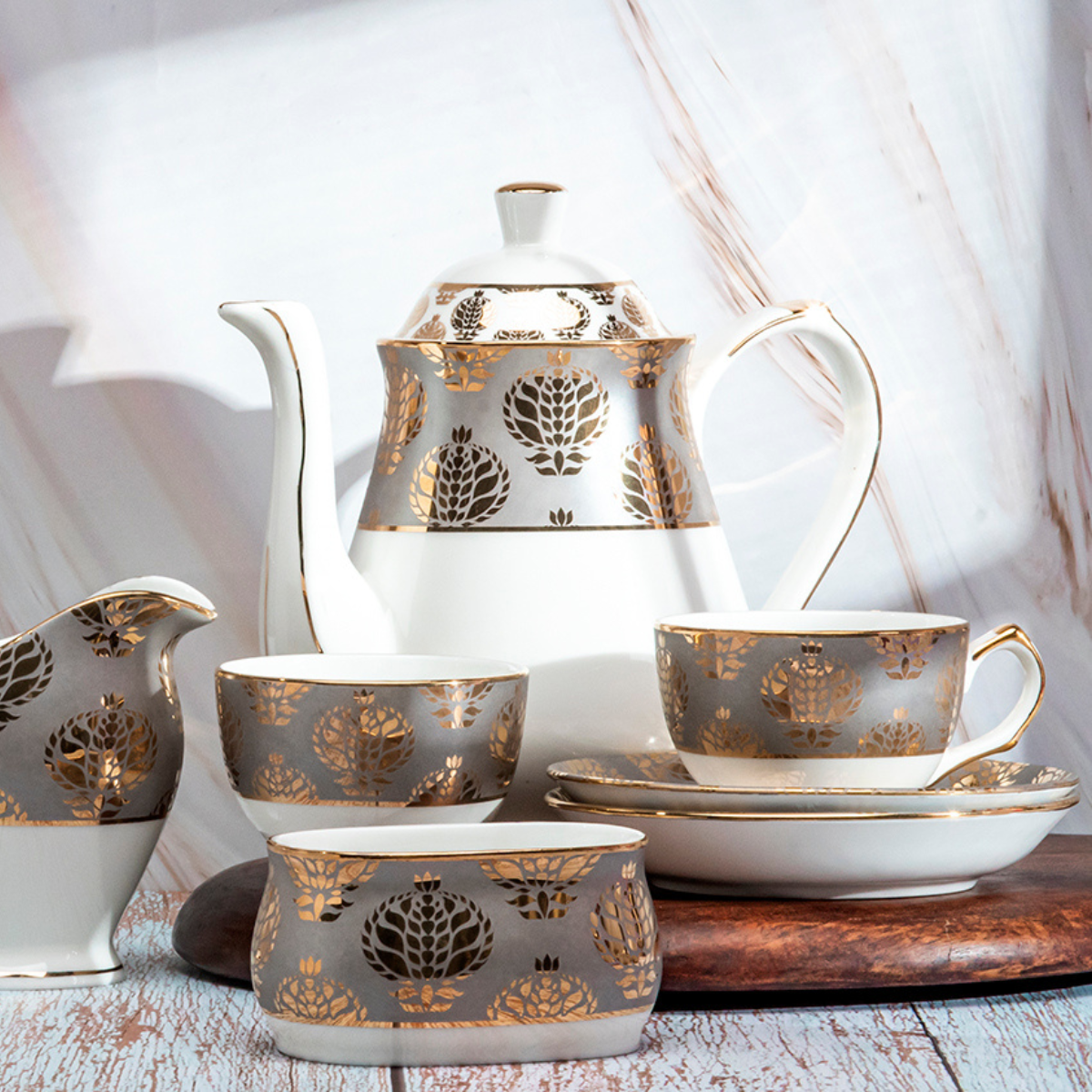 Gilded Silver Couple Tea Service Set - 2 Mugs, 2 Cups & 2 Saucers, 1 Kettle, 1 Milk Pot & 1 Sugar Holder