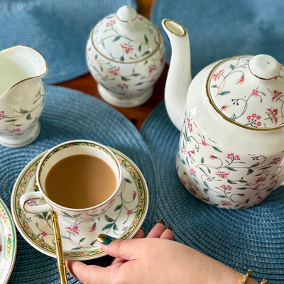 Blush Pink & Charm 15 piece Tea Set - 6 Cups & 6 Saucer, 1 Kettle, 1 Milk Pot & 1 Sugar Pot