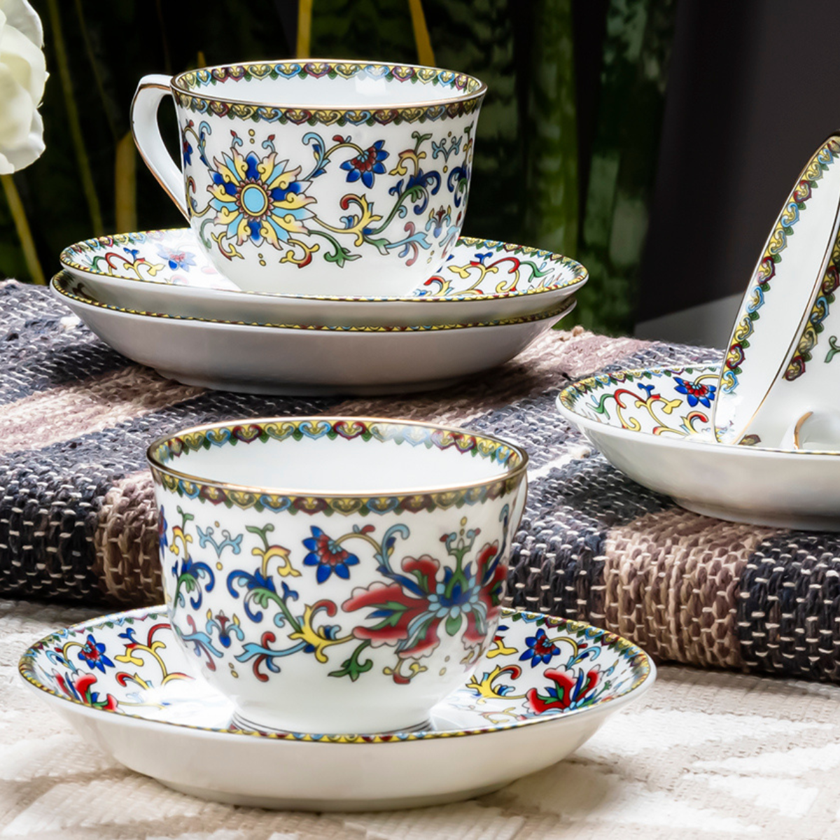 Himalayan Flora Bone China Tea Cup & Saucer Set – 6 Cups & 6 Saucers, Luxury Floral Ceramic Gift Set