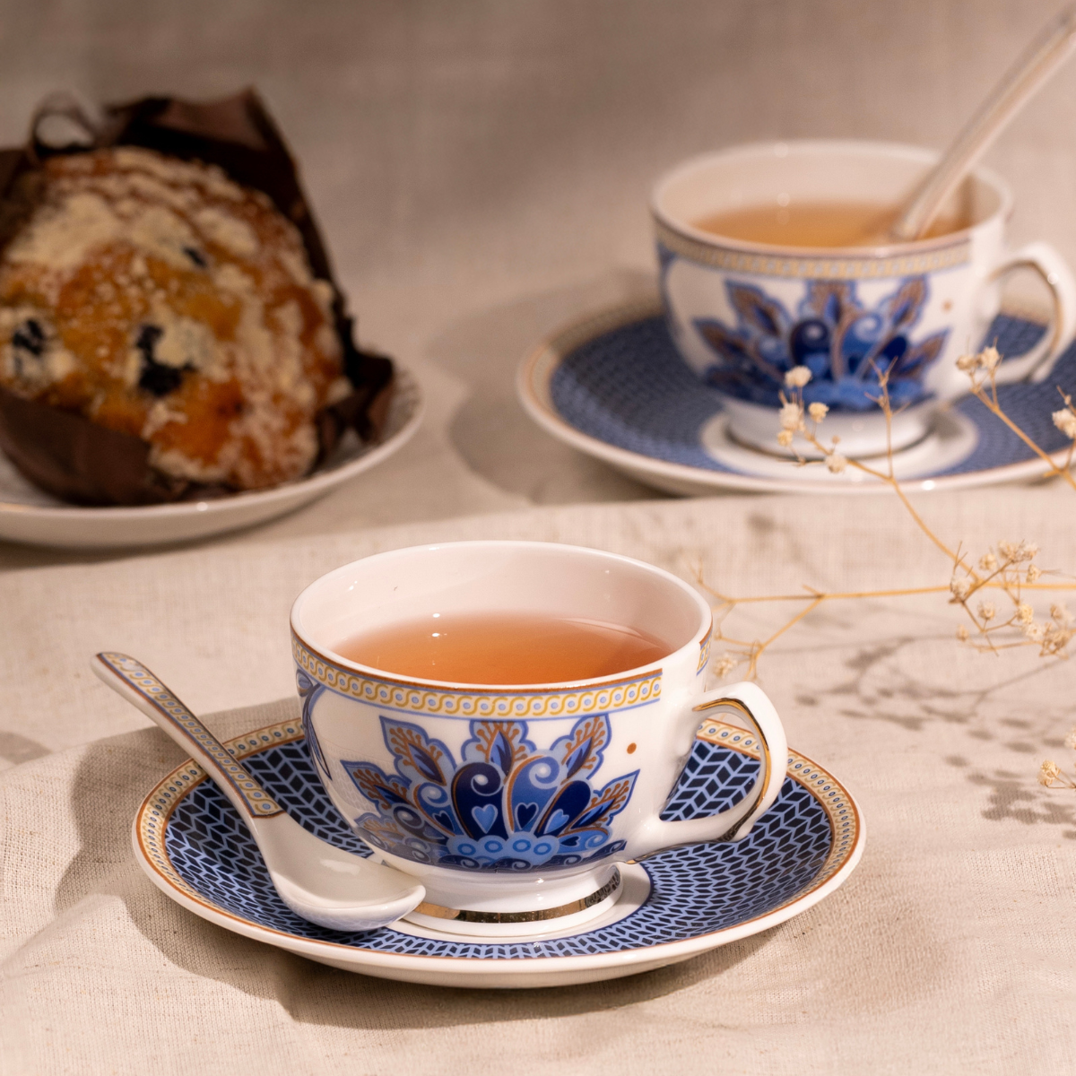 Midnight Bloom Cup & Saucer Set | 6 Cups, 6 Saucers & 6 Spoons