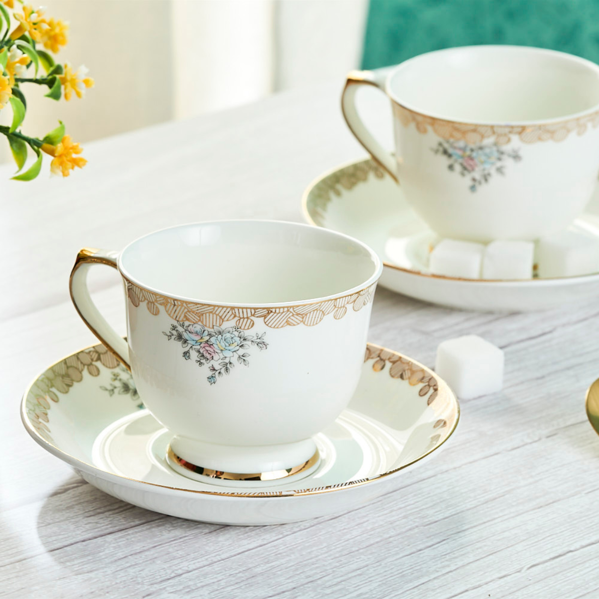 Blue Blossom & Gilded Chain Tea Cup Set – 6 Cups & 6 Saucers, Elegant Blue & Gold Ceramic Crockery