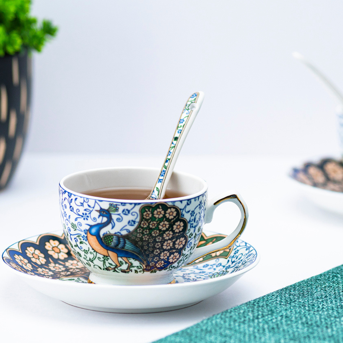 Indian Peafowl Cup & Saucer Set | 6 Cups, 6 Saucers & 6 Spoons