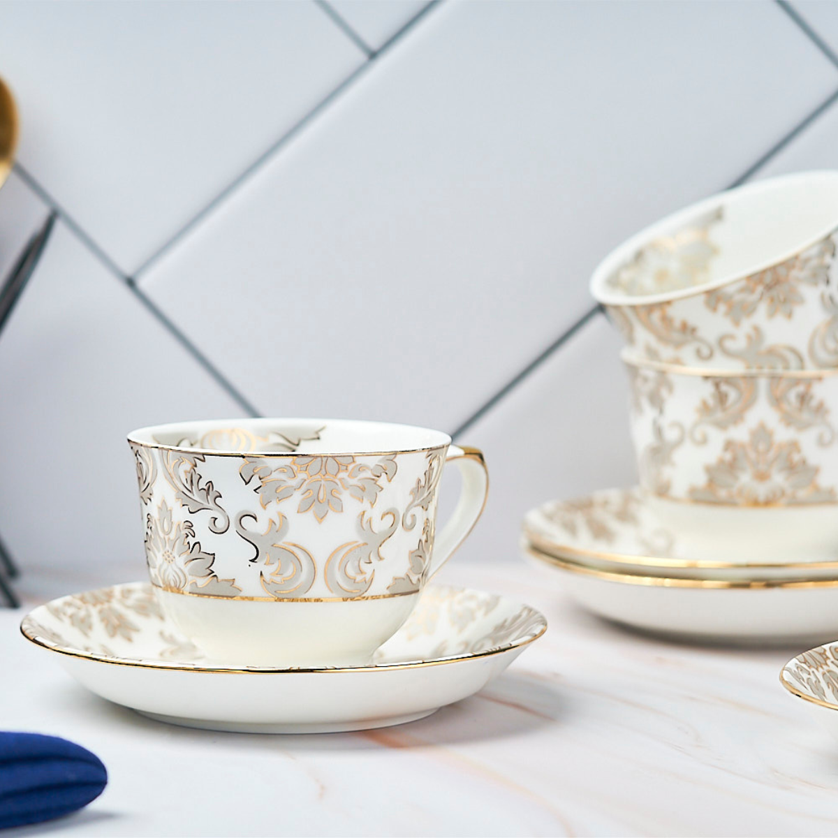 Platinum & Gold Bloom Cup & Saucer Set | 6 Cups & 6 Saucers