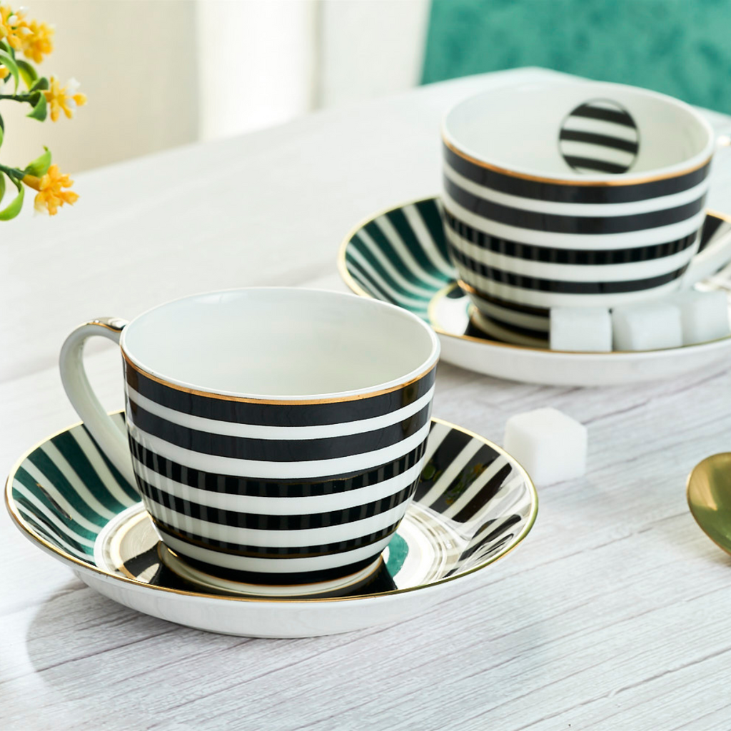 Monochrome Stripes Cup & Saucer Set | 6 Cups & 6 Saucers – Golden