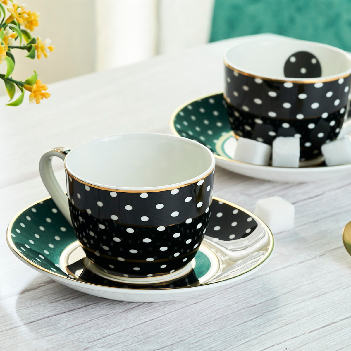Monochrome Polka Dots Cup & Saucer Set | 6 Cups & 6 Saucers