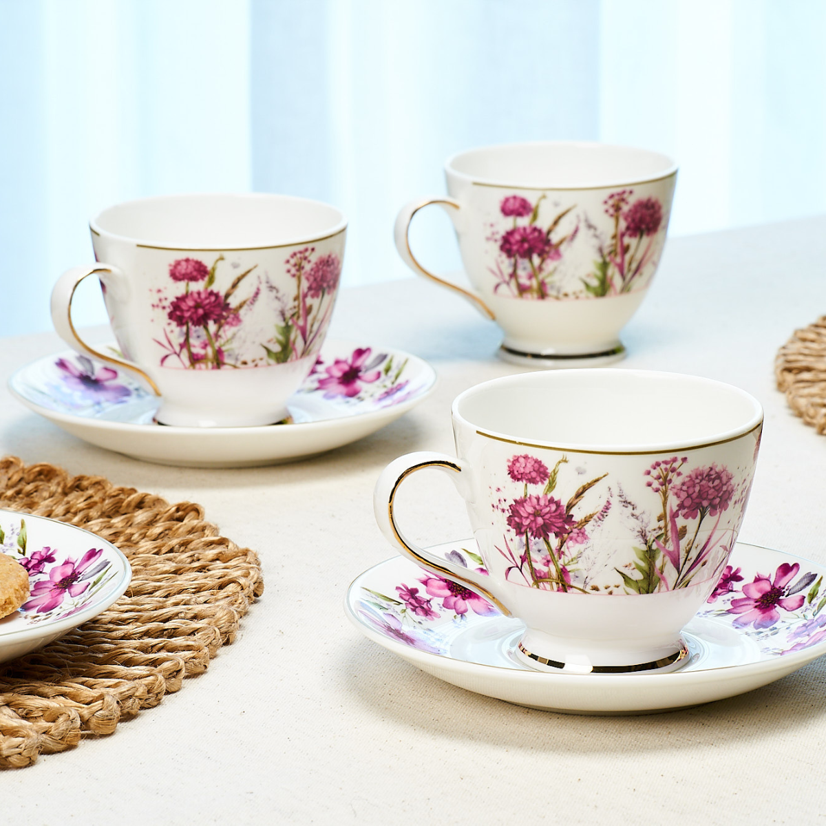 Wild Bush & Pink Florals Cup & Saucer Set | 6 Cups & 6 Saucers