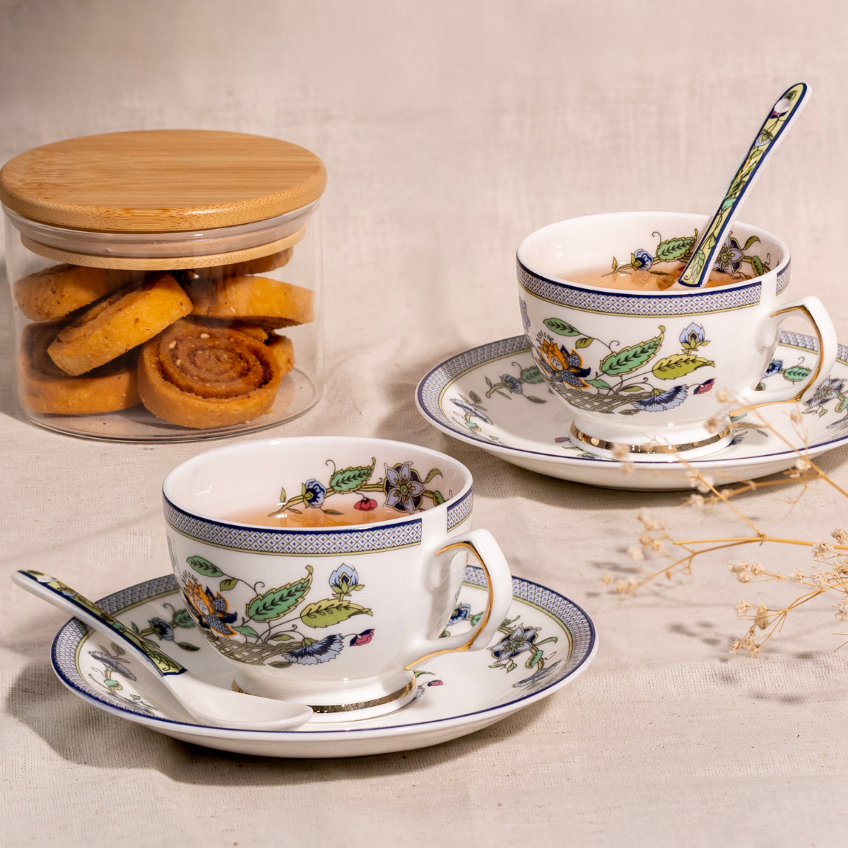 Botanical Hues Cup & Saucer Set | 6 Cups, 6 Saucers & 6 Spoons