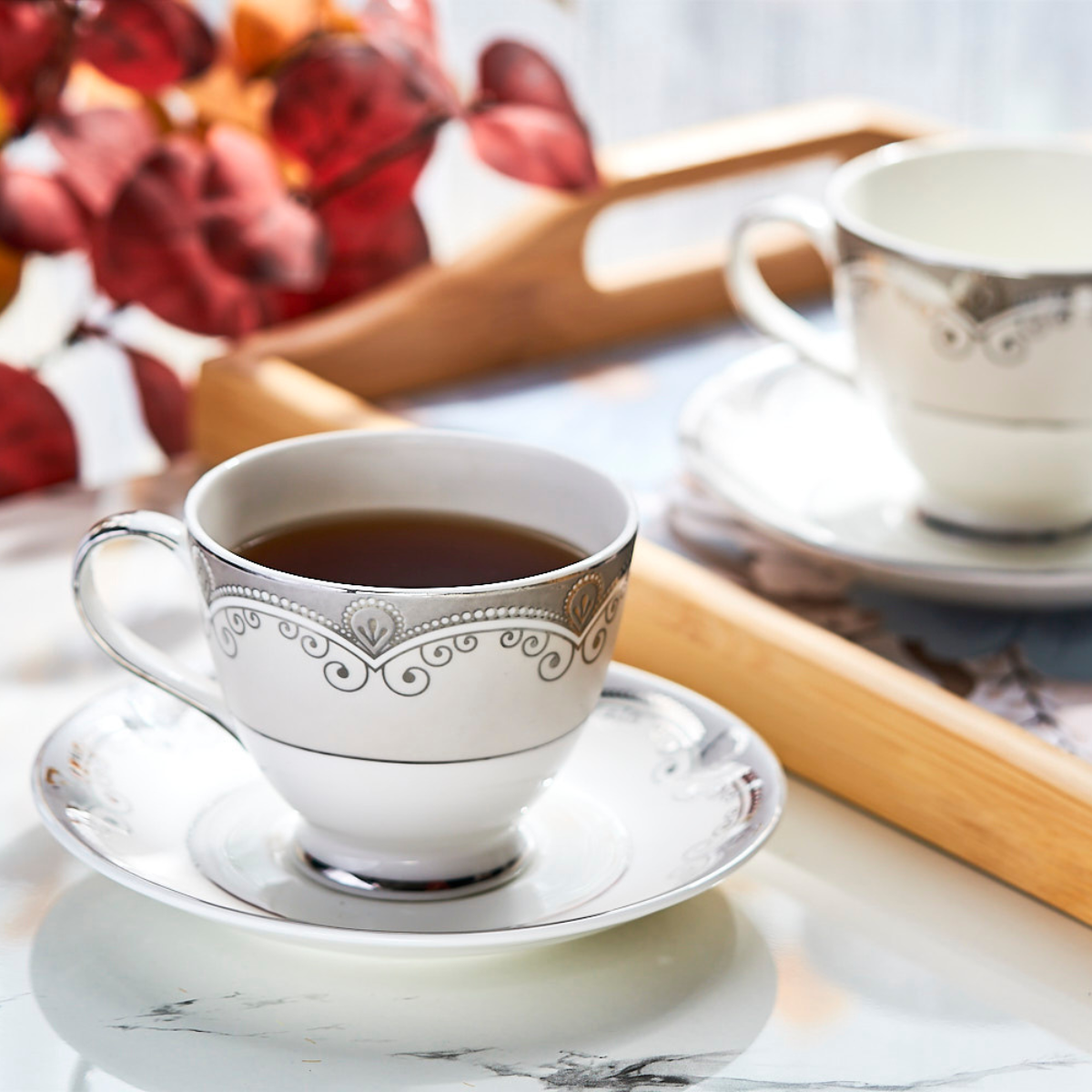 Gilded Chain in Platinum Cups & Saucer Set | 6 Cups & 6 Saucers