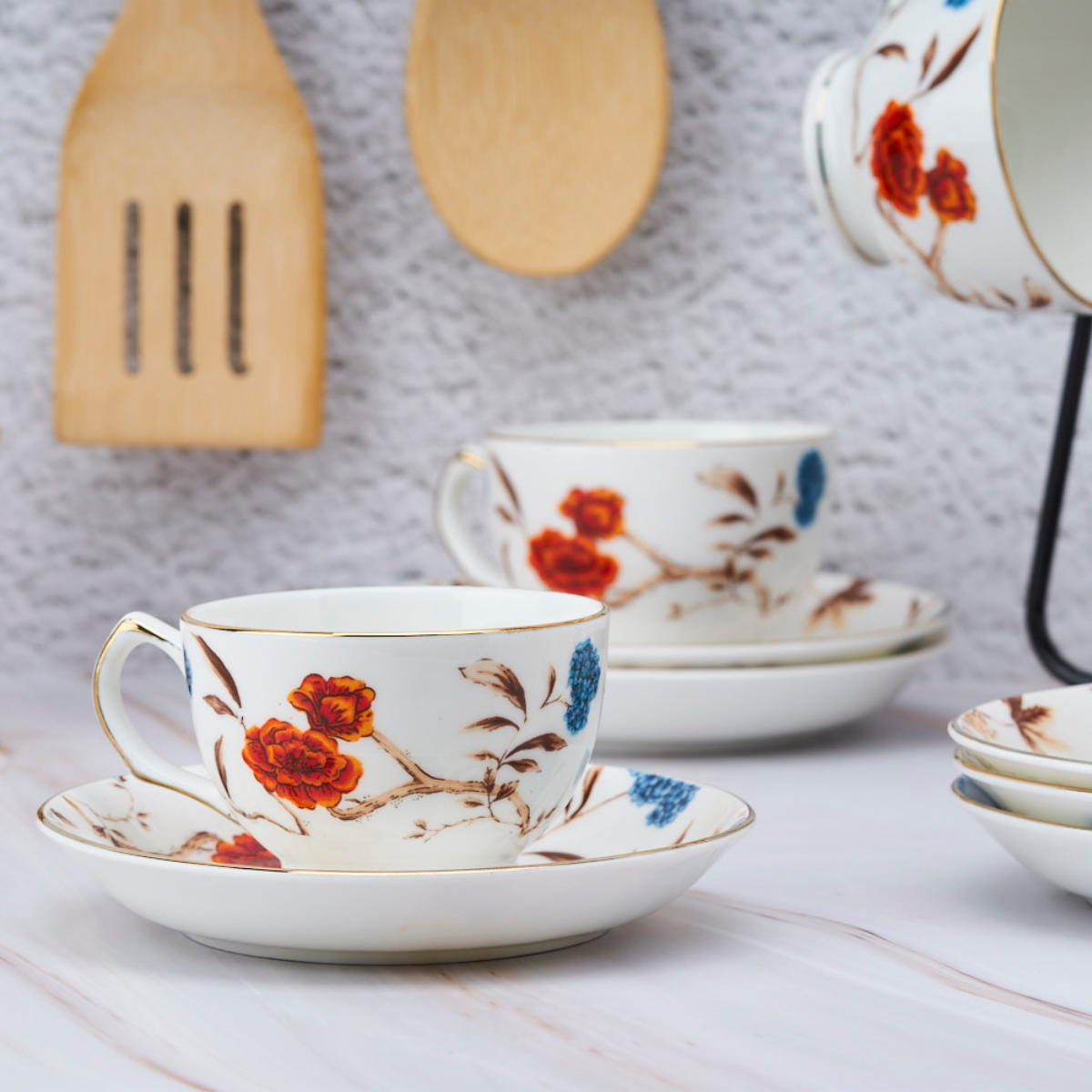 Birdsong and Blooming Blossom 
Cups & Saucer Set | 6 Cups & 6 Saucers