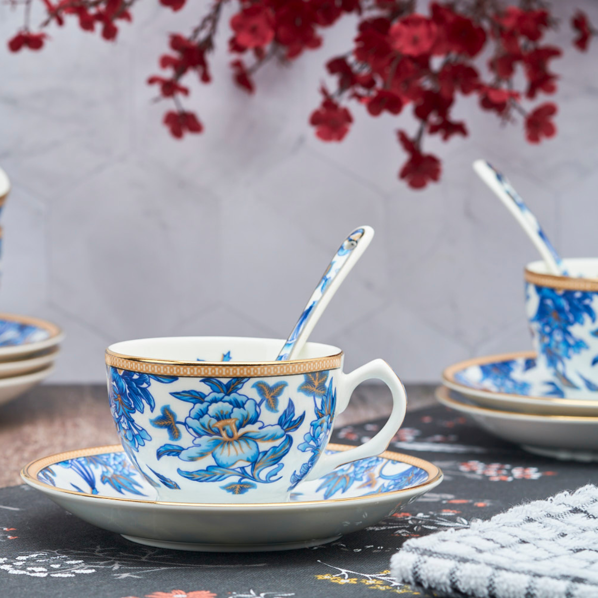 Blue Orchid Floral Cup & Saucer Set | 6 Cups, 6 Saucers & 6 Spoons