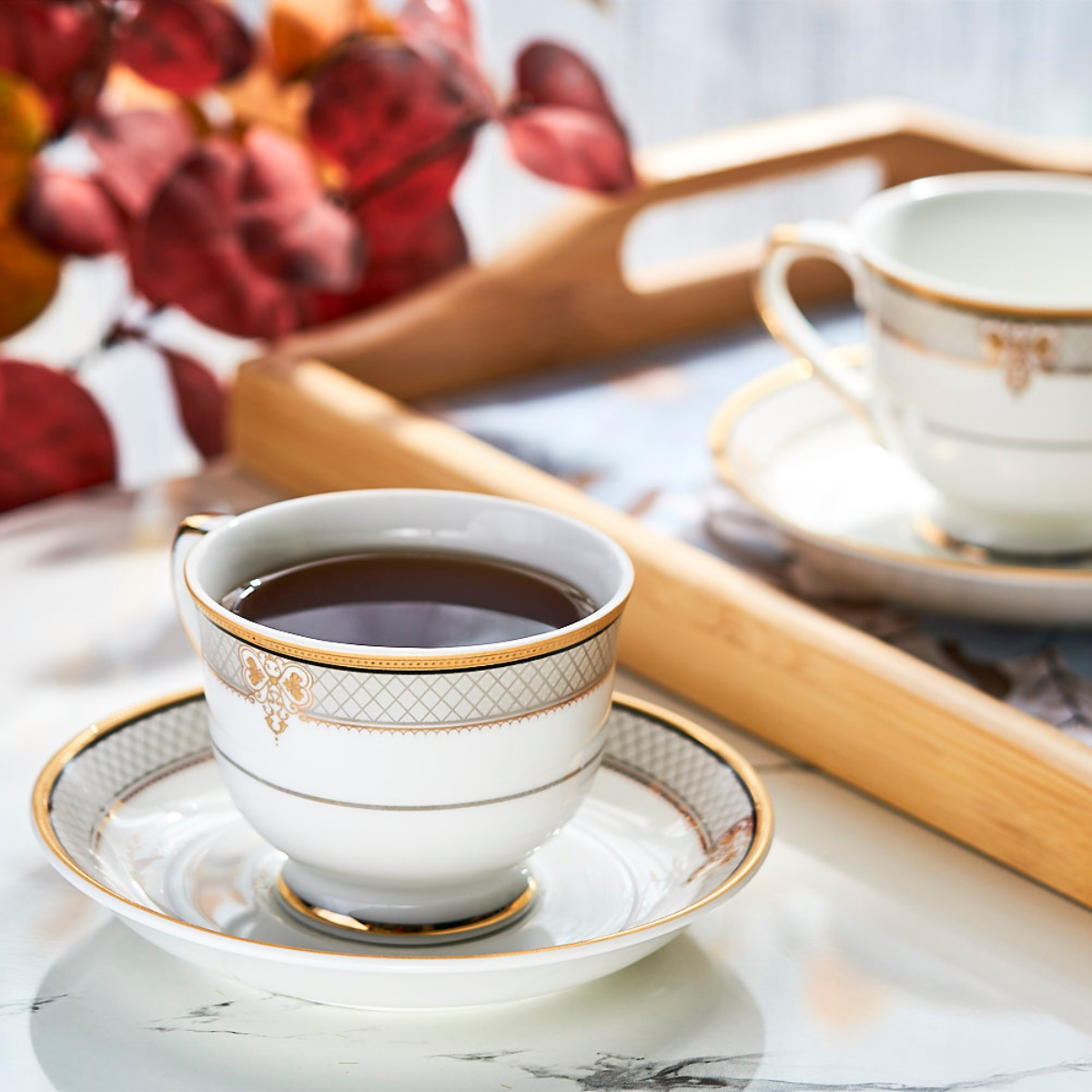 Golden Filigree Cup & Saucer Set | 6 Cups & 6 Saucers
