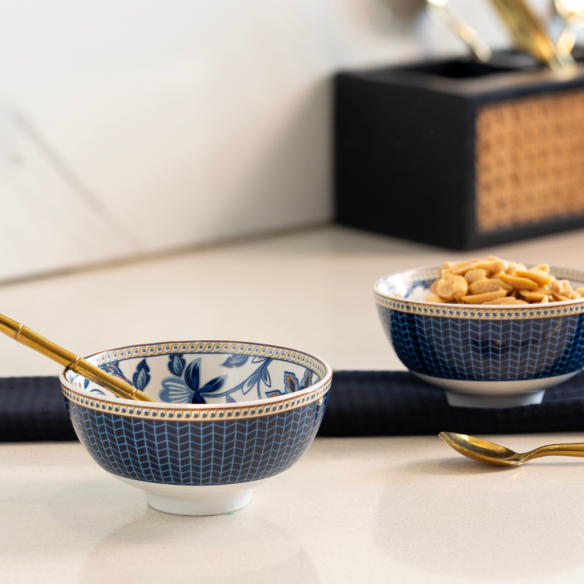 Blue Blossom Porcelain Bowls for Snacks - Set of 4 Pieces, 5 inch Wide
