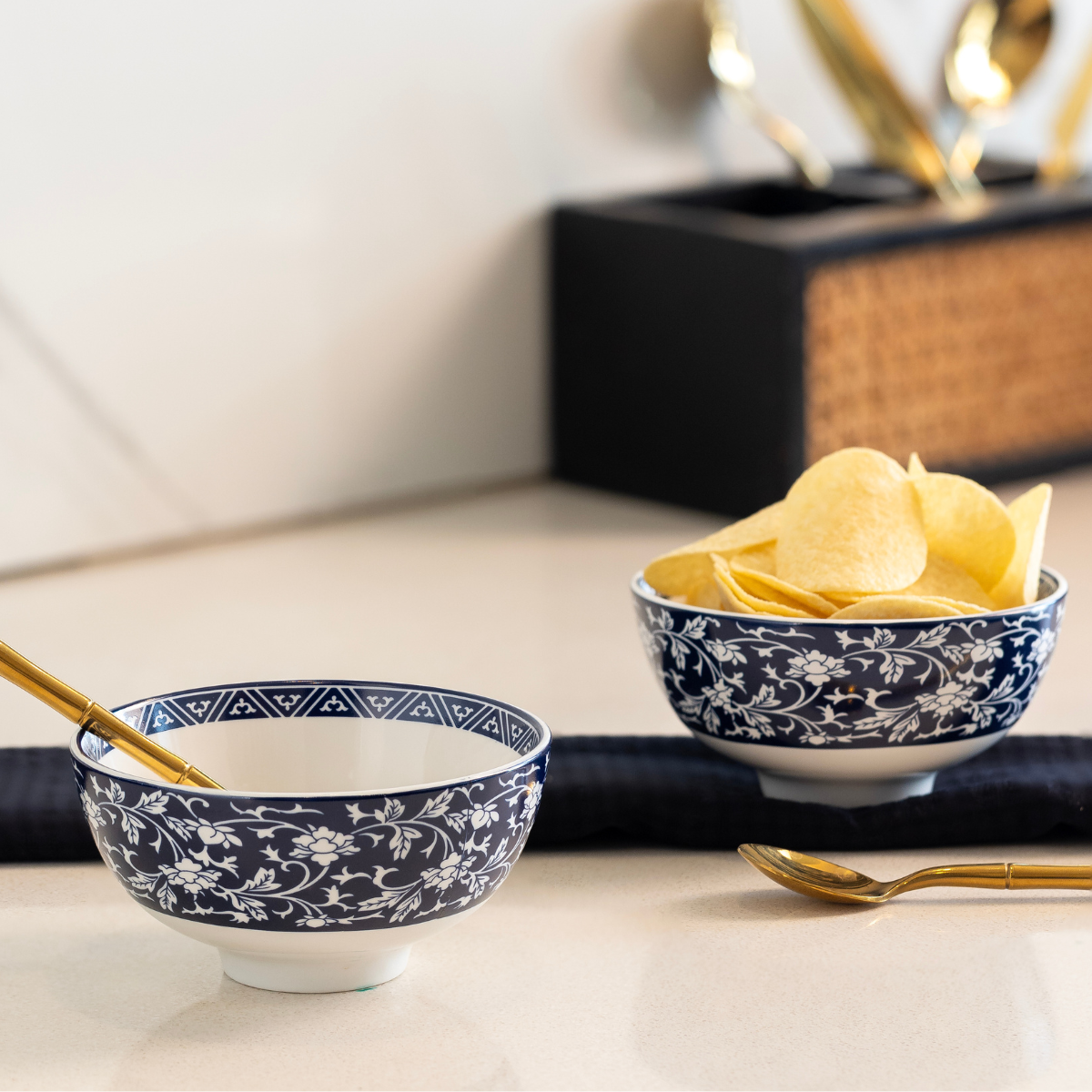 Indigo Floral Porcelain Bowls for Snacks - Set of 4 Pieces, 5 inch Wide