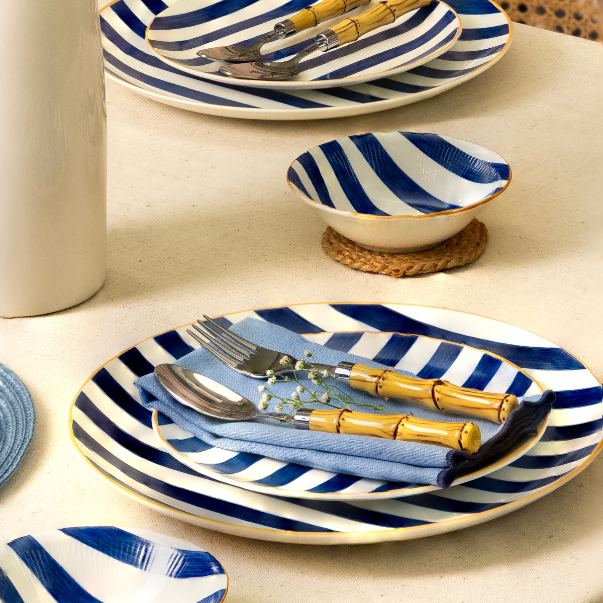Blue Candy Stripe 12 Piece Dinner Set - Serving 4