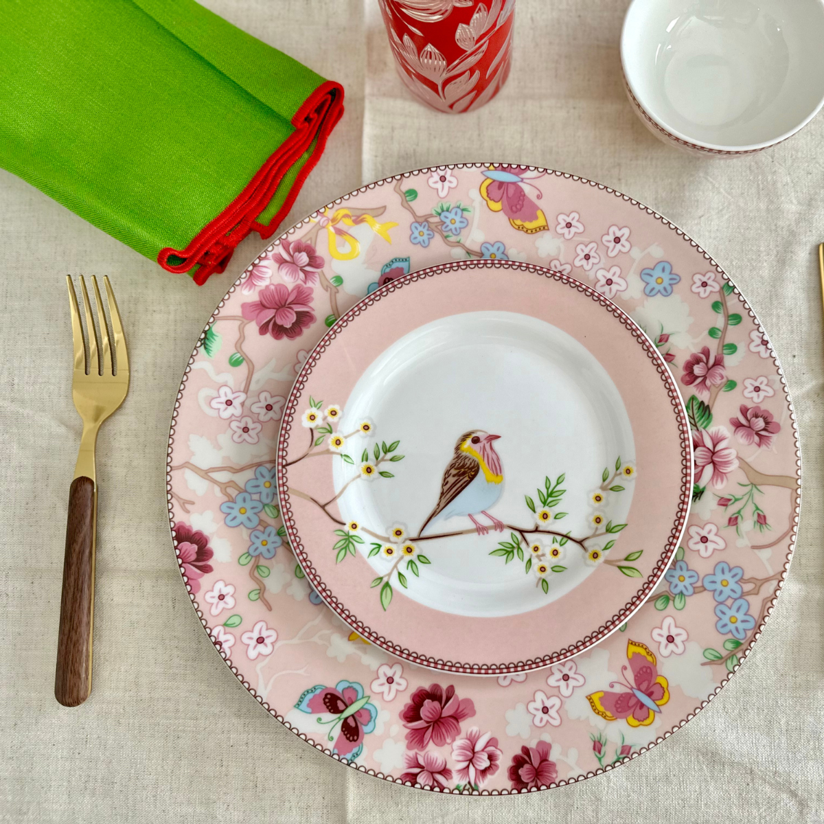 Little Birdie in Pink Ceramic Dinner Set – 12 Piece Crockery, Elegant Floral Design, Serving 4