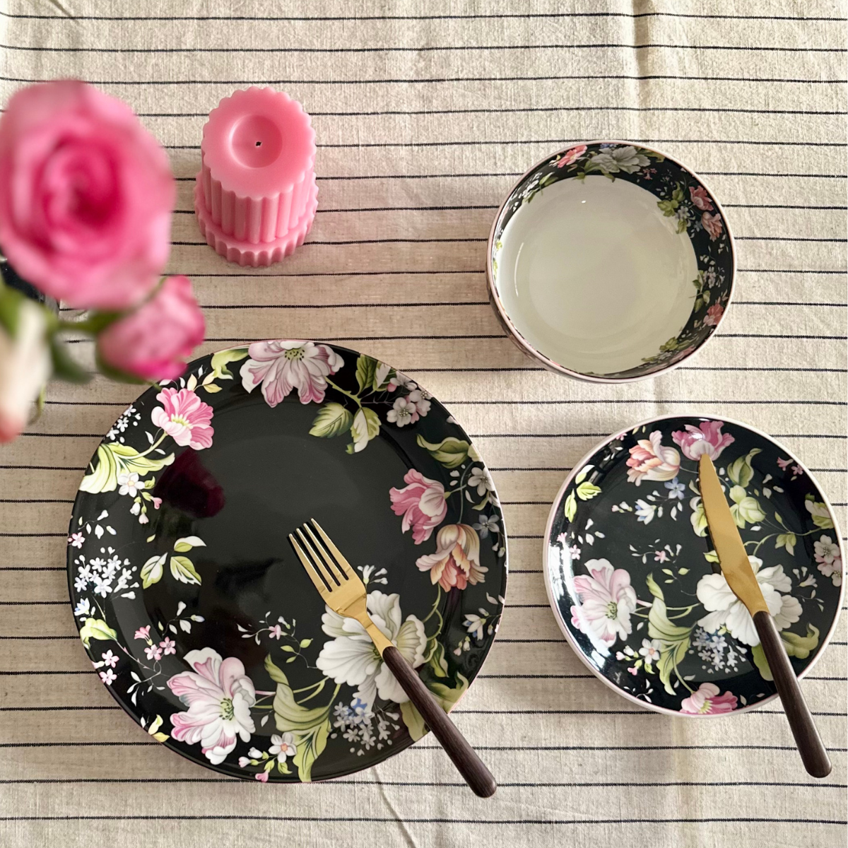 Garden Splendor in Black 12 Piece Dinner Set - Serving 4