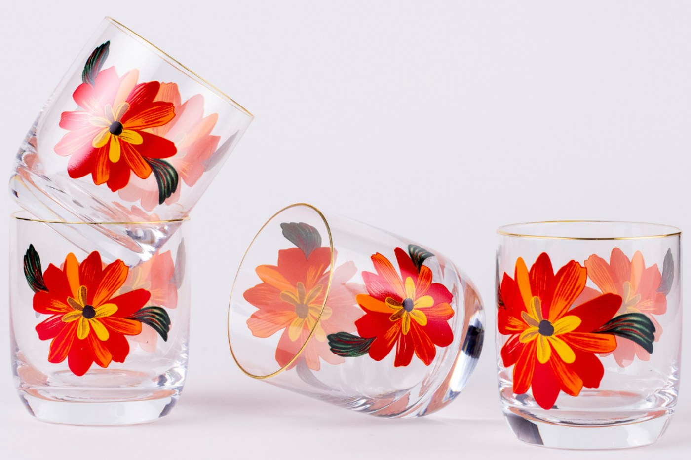 Crimson Petals & Gold Rimmed Tumblers – Set of 6