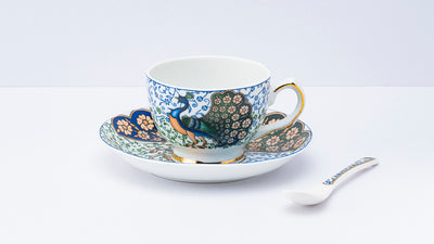 Indian Peafowl Cup & Saucer Set | 6 Cups, 6 Saucers & 6 Spoons