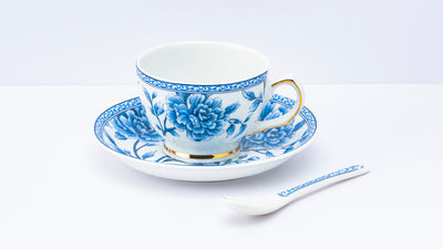 Sapphire Bloom Cup & Saucer Set | 6 Cups, 6 Saucers & 6 Spoons | 170 ml