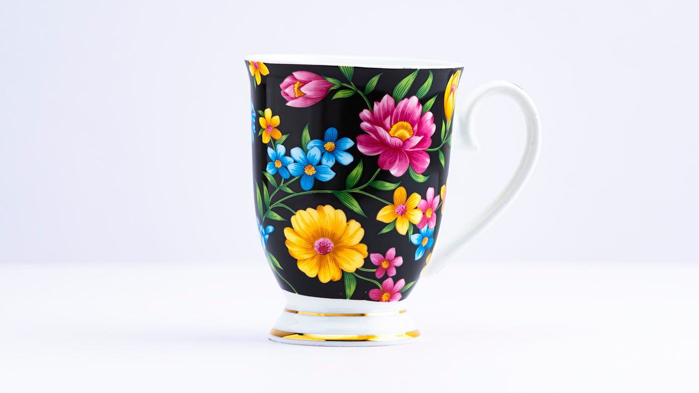 Floral splendor (Black) footed mug - Set of 2