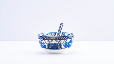 Twin blue peacocks soup set - Set of 6 bowls & 6 spoons