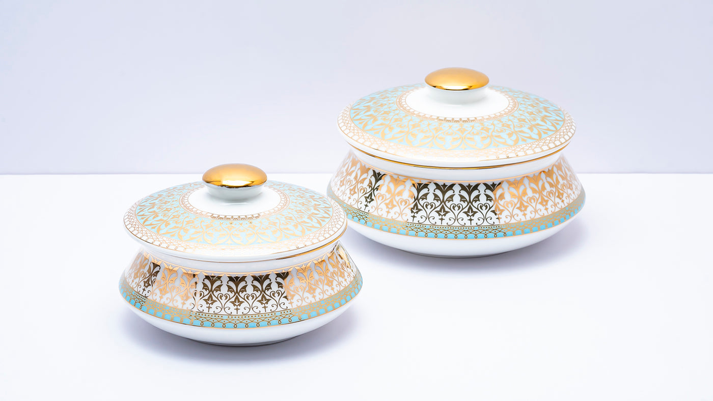 Gold filigree en aqua handi with lid - Set of 2