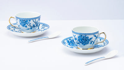 Sapphire Bloom Cup & Saucer Set | 6 Cups, 6 Saucers & 6 Spoons | 170 ml