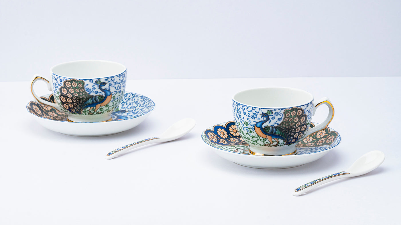 Indian Peafowl Cup & Saucer Set | 6 Cups, 6 Saucers & 6 Spoons