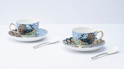 Indian Peafowl Cup & Saucer Set | 6 Cups, 6 Saucers & 6 Spoons