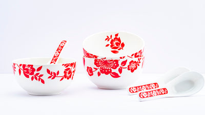 Red floral symphony soup set - Set of 6 bowls & 6 spoons