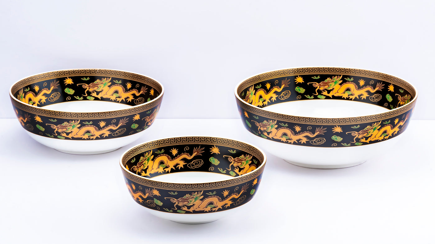 Celestial Dragons serving bowls (Black) - Set of 3