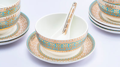 Gold filigree en aqua soup set - Set of 6 bowls, 6 spoons & 6 saucers