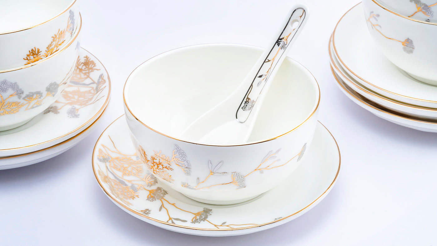 Baby's breath soup set - Set of 6 bowls, 6 spoons & 6 saucers