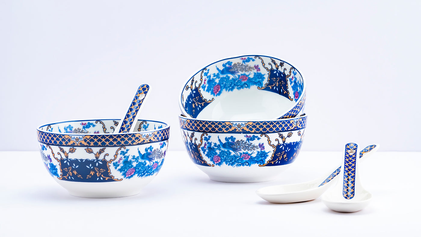 Twin blue peacocks soup set - Set of 6 bowls & 6 spoons