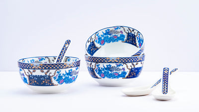 Twin blue peacocks soup set - Set of 6 bowls & 6 spoons