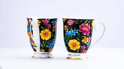 Floral splendor (Black) footed mug - Set of 2