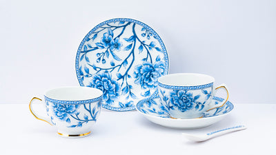 Sapphire Bloom Cup & Saucer Set | 6 Cups, 6 Saucers & 6 Spoons | 170 ml