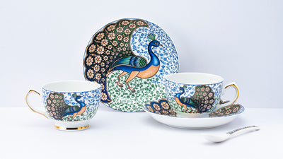 Indian Peafowl Cup & Saucer Set | 6 Cups, 6 Saucers & 6 Spoons