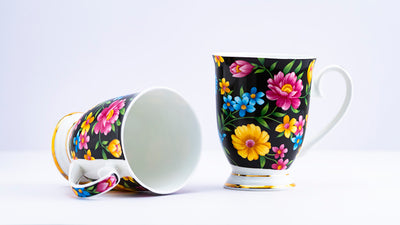 Floral splendor (Black) footed mug - Set of 2