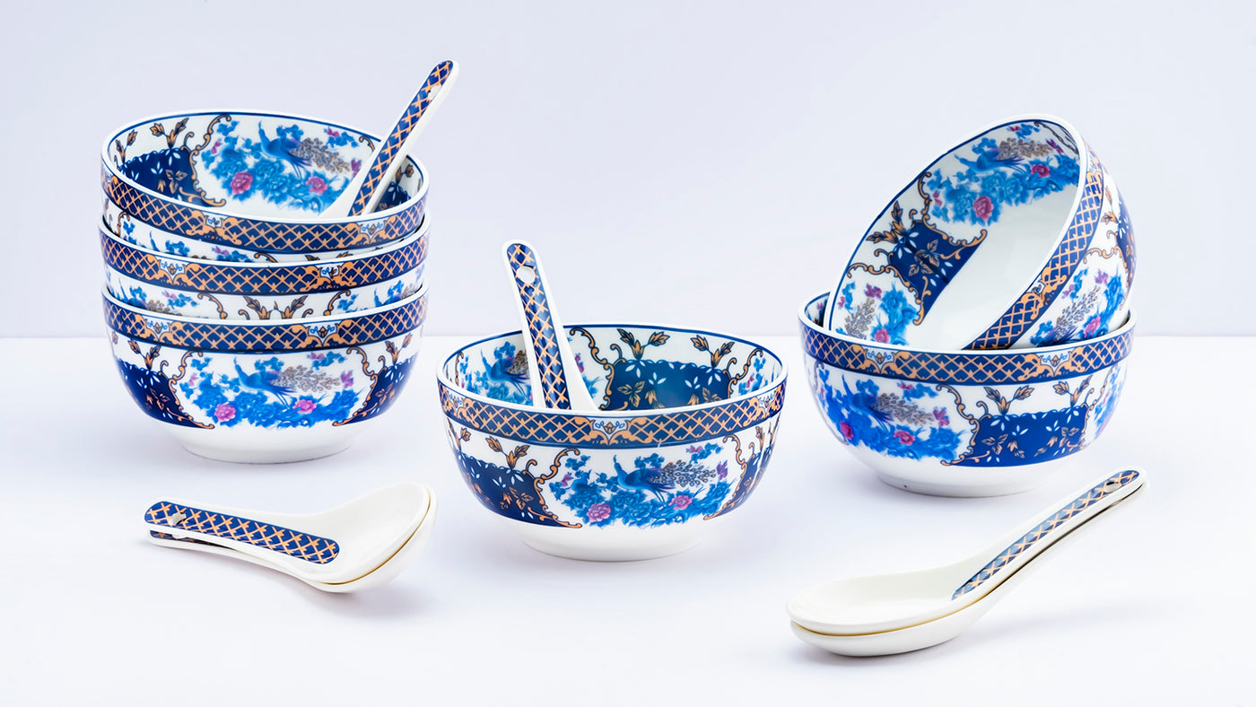 Twin blue peacocks soup set - Set of 6 bowls & 6 spoons