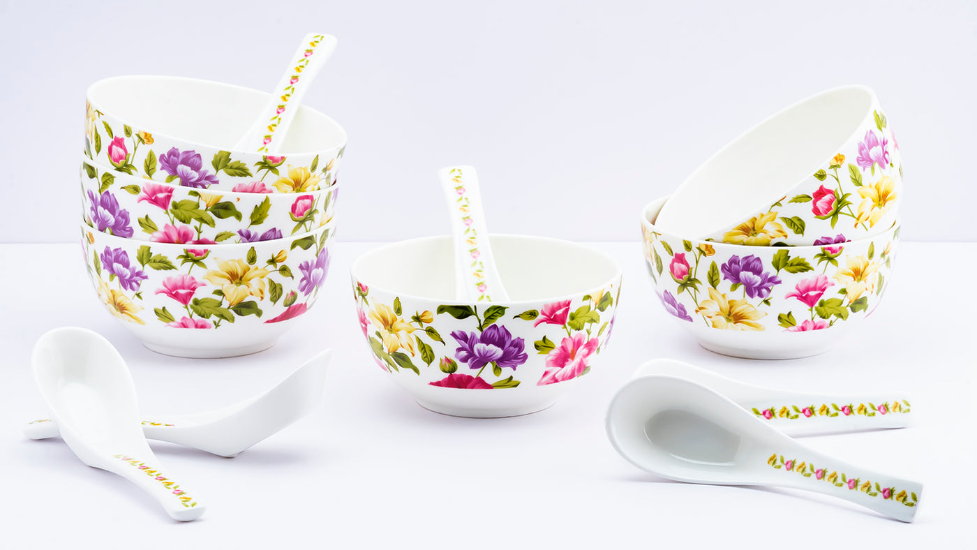 Floral harmony soup set - Set of 6 bowls & 6 spoons