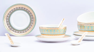 Gold filigree en aqua soup set - Set of 6 bowls, 6 spoons & 6 saucers